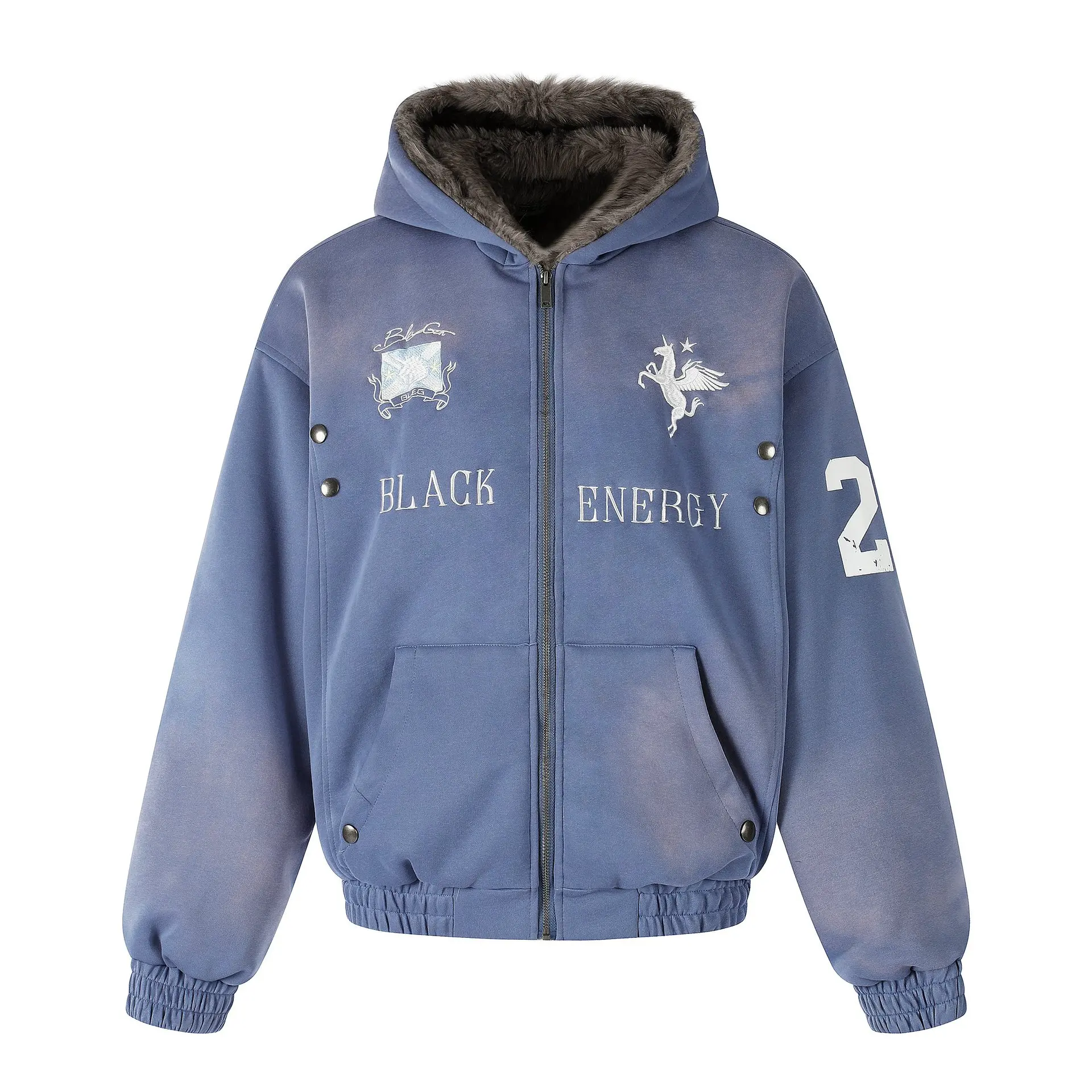 Men's Winter American Streetwear Fashion Hip Hop Rivet Embroidery Fur Liner Hooded Parkas Jacket Couple Warm Hoodie Coat