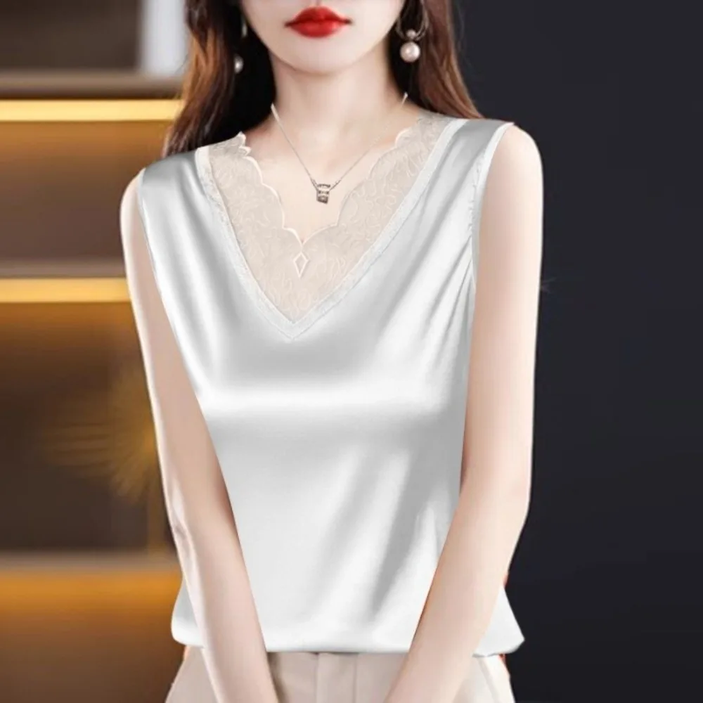 Elegant Women Summer Tanks Lace Collar Border V-Neck Lace Camis Vest Inner Wear Base Plus Size Option Fashion Sleeveless Tops