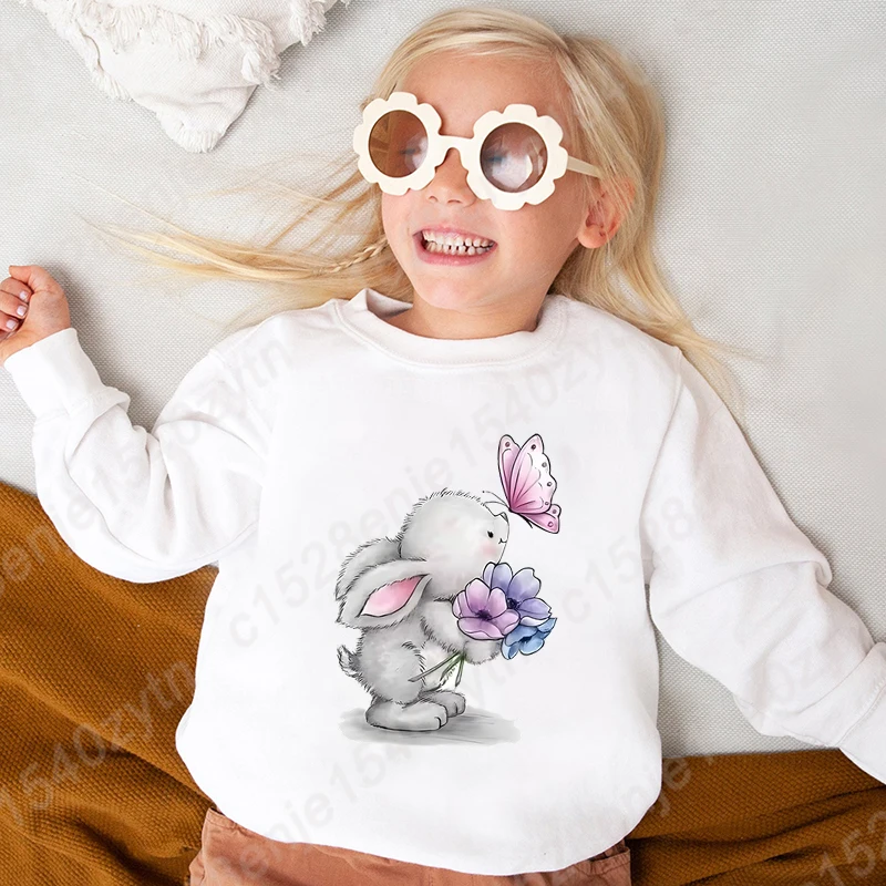 Rabbit Flower Butterfly Print Sweatshirts For Children Autumn And Winter Casual Sports Girls Round Neck Hoodeless Pullovers Tops