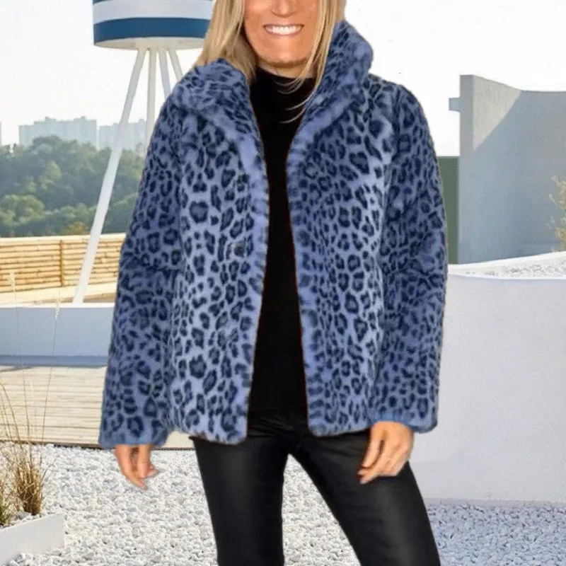 Women's Leopard Print Faux Fur Jacket, Lapel Collar Open Front Fluffy Short Furry Coat, Long Sleeve Warm Winter Plush Outerwear