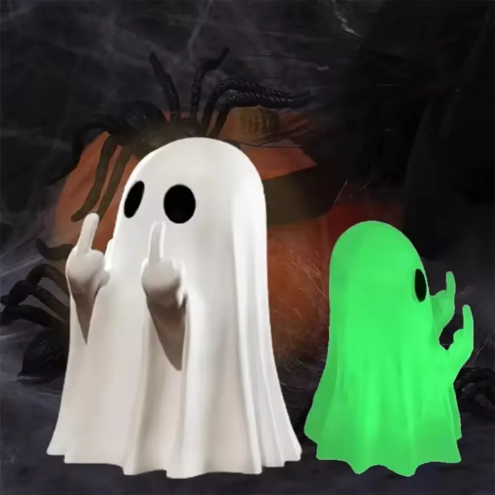 1 pieza de estatua de resina de fantasma lindo con dedo medio, decoración espeluznante de Halloween para estantería, repisa, mesa de centro, exhibición, adorno para fiestas en casa