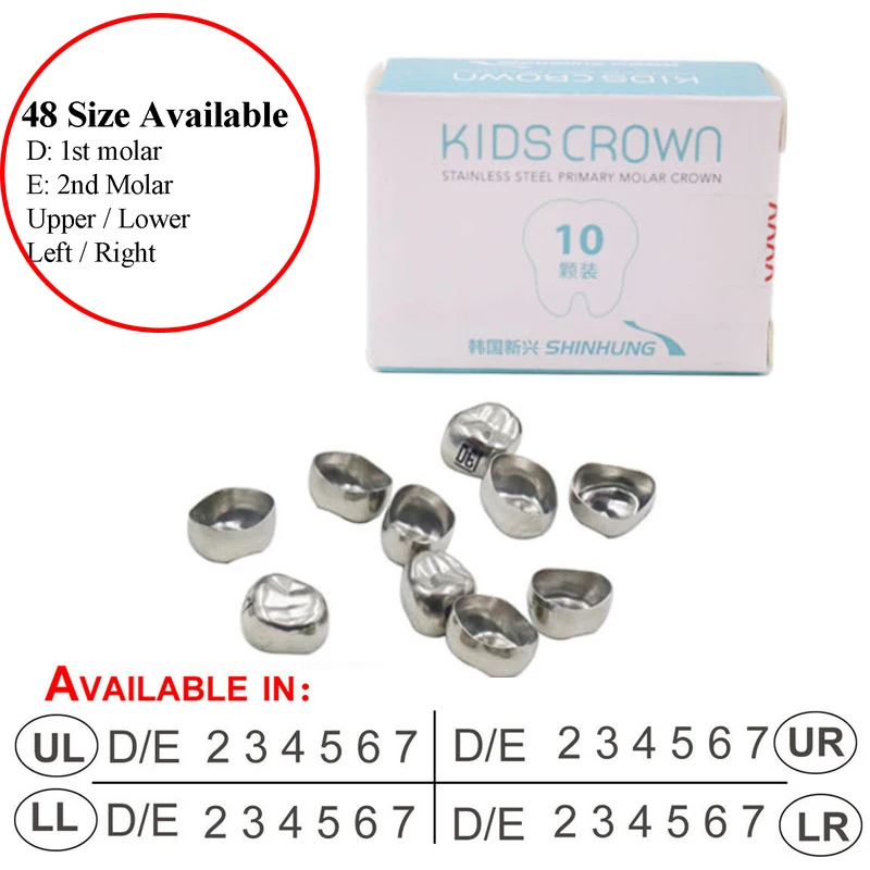 

Promotions 10pcs/Box Dental Kids Primary Molar Crowns Stainless Steel Pediatric Anteriors Posterior Crown Lower Left/Right