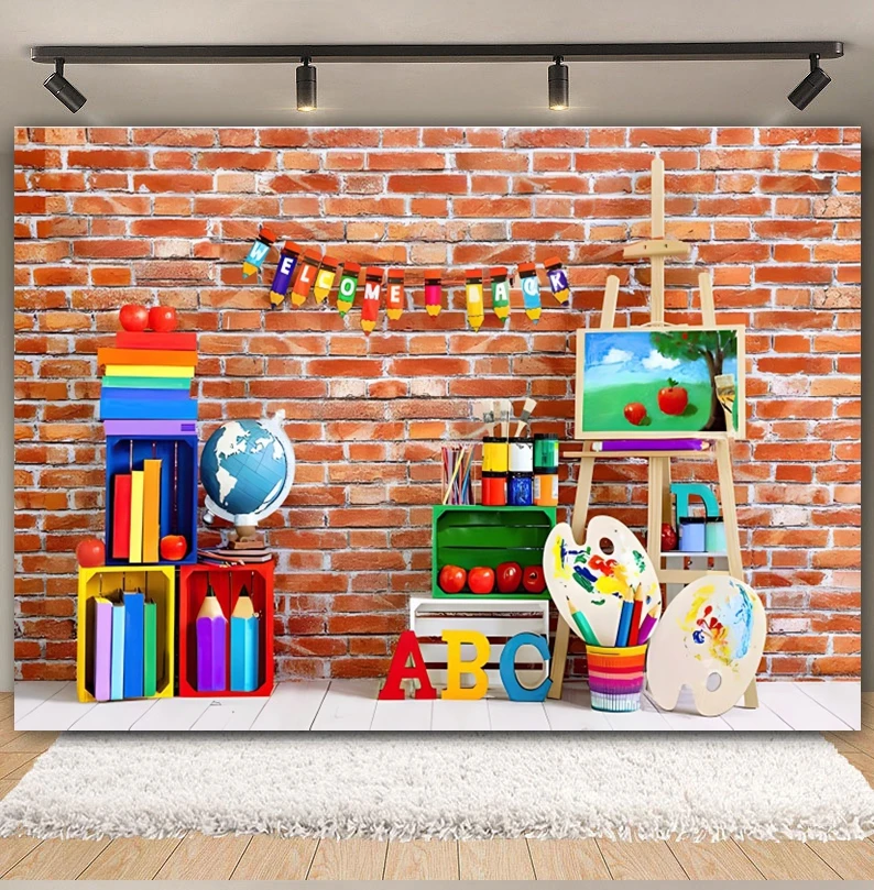 Back To School Backdrop Blackboard Book Pencil First Day of Preschool Chalkboard Classroom Children Photography Background Decor