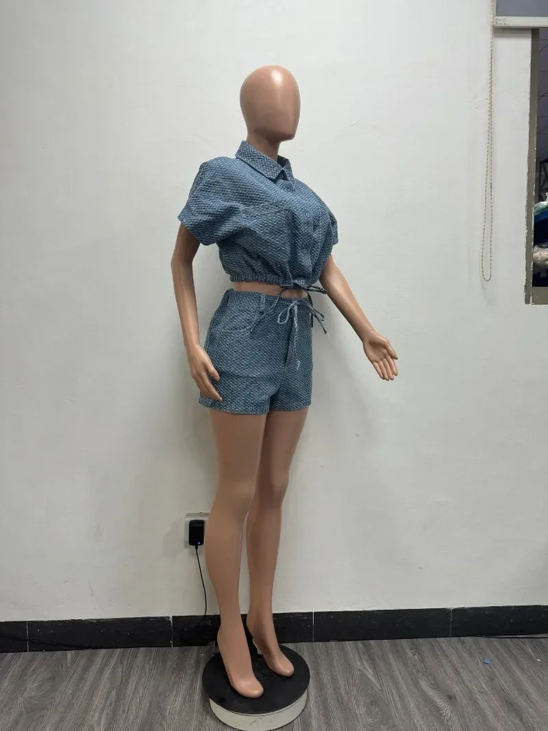 Conjunto de 2 piezas de mezclilla a la moda para mujer, chaquetas de manga corta con cuello vuelto, Tops cortos y pantalones cortos, trajes vaqueros