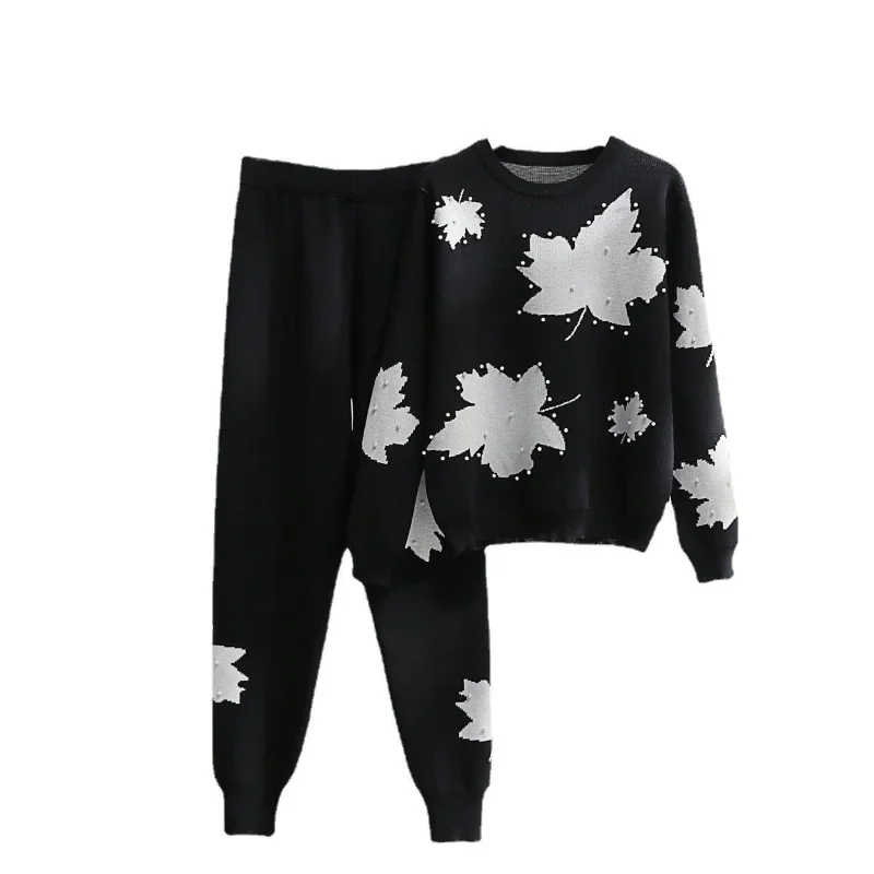 

Korean Jacquard Bead Maple Leaves Design Women Sweater Tracksuits Basic Woman Knit Sweater + Harem Pants Suits 2/Two Pieces Set