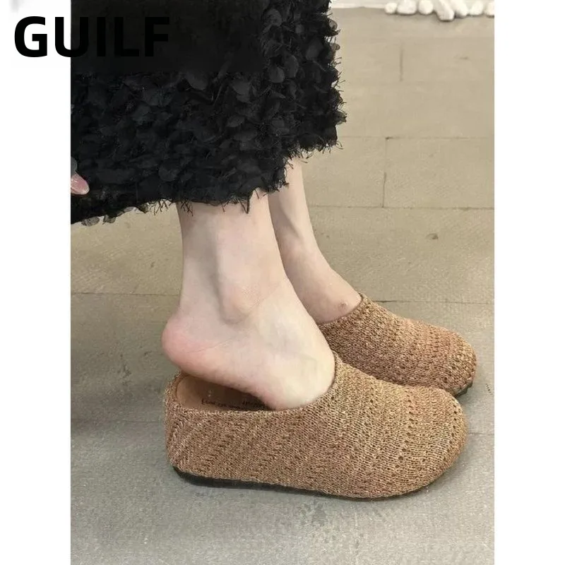 

Women's Summer Thick Bottom Hidden Height Increase Woven Hollow out Toe Cover Slip-On Sandals round Toe Anti-Slip Rubber Sole
