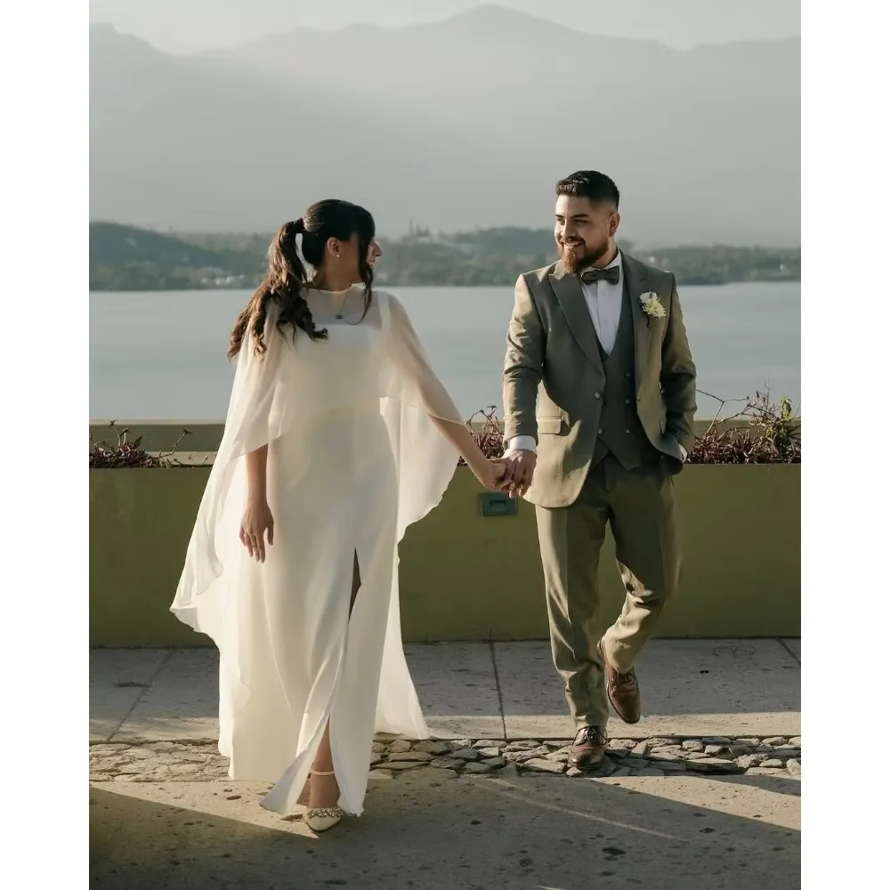 Customized Crepe Wedding Dresses For Bride Square Collar Slit High Quality Elegant White Bridal Cheap for Floor-Length Simple