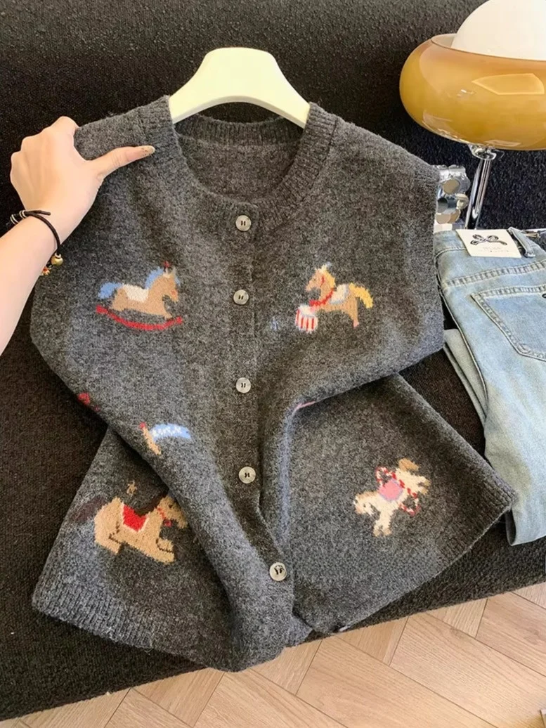 

Модный осенне-зимний вязаный кардиган-жилет с цветными блоками и мультяшным принтом, мягкий полиэстер, для многослойной одежды