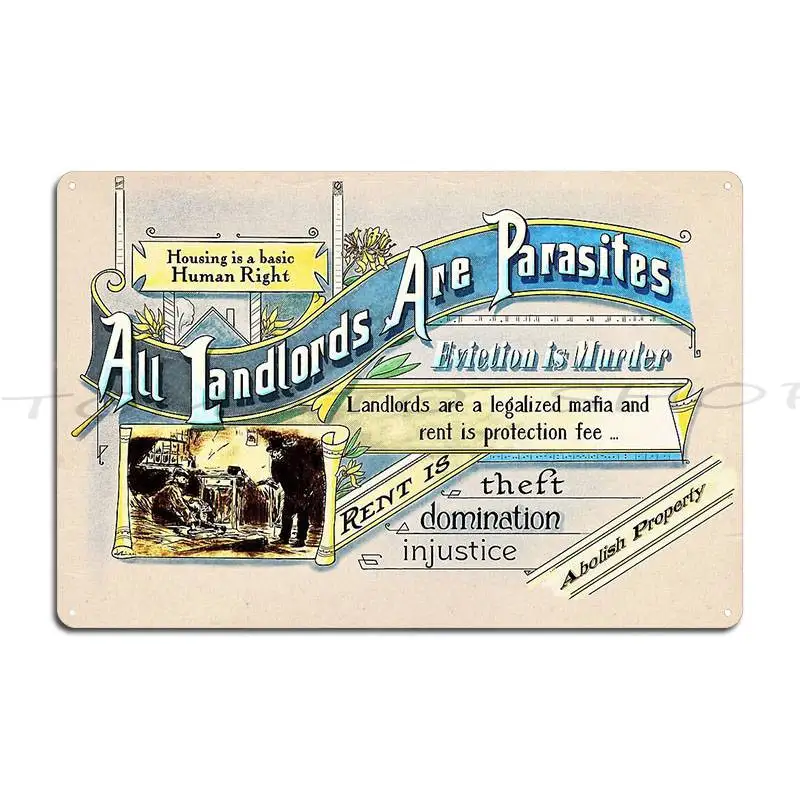 All Landlords Are Parasites Anti Eviction Metal Sign Plaques Cinema Design Funny Party Customized Tin Sign Poster