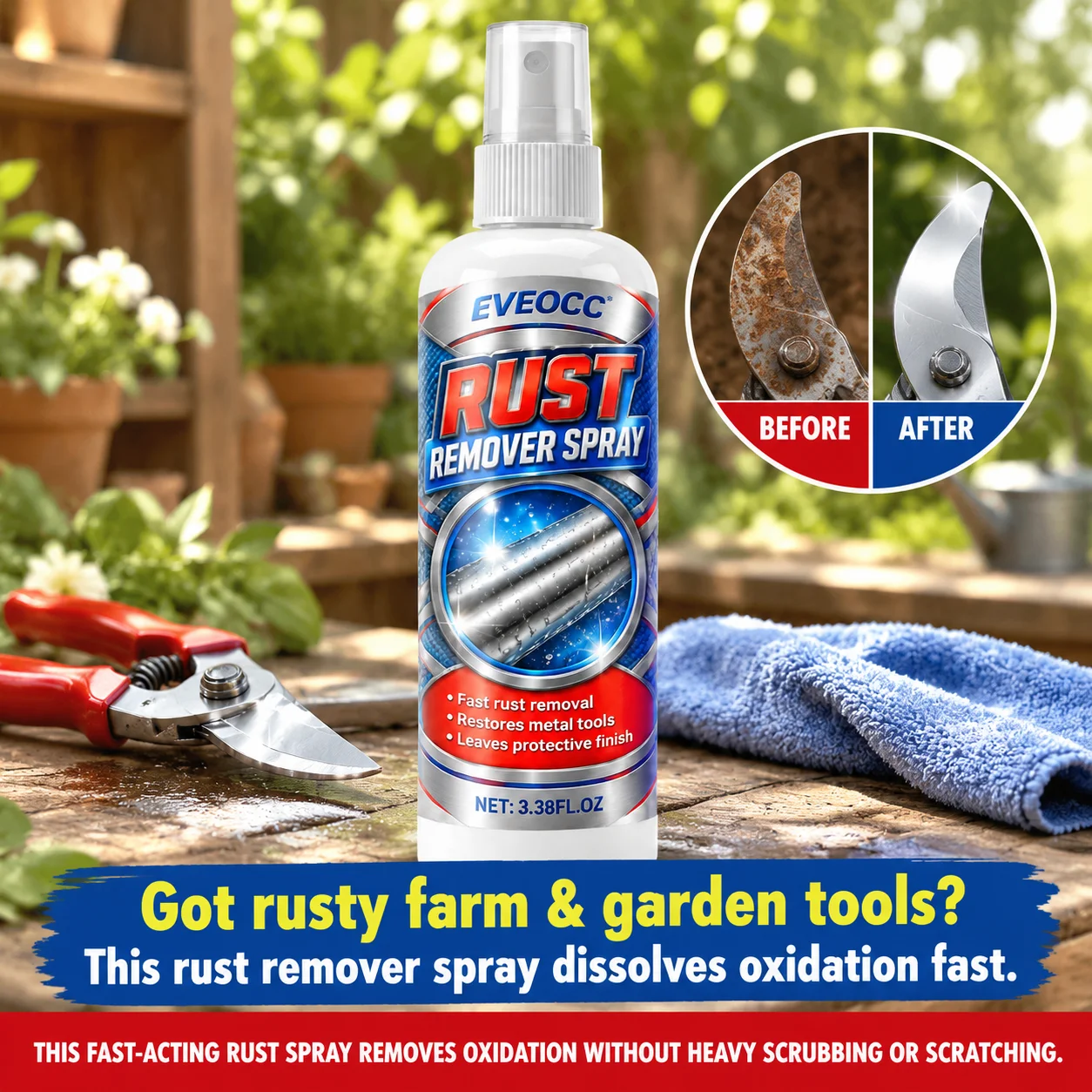 EVEOCC Rust Cleaner Spray, Fast Remove Rust Spots Restore Metal Tools Long Lasting Protective Finish for Iron & Steel