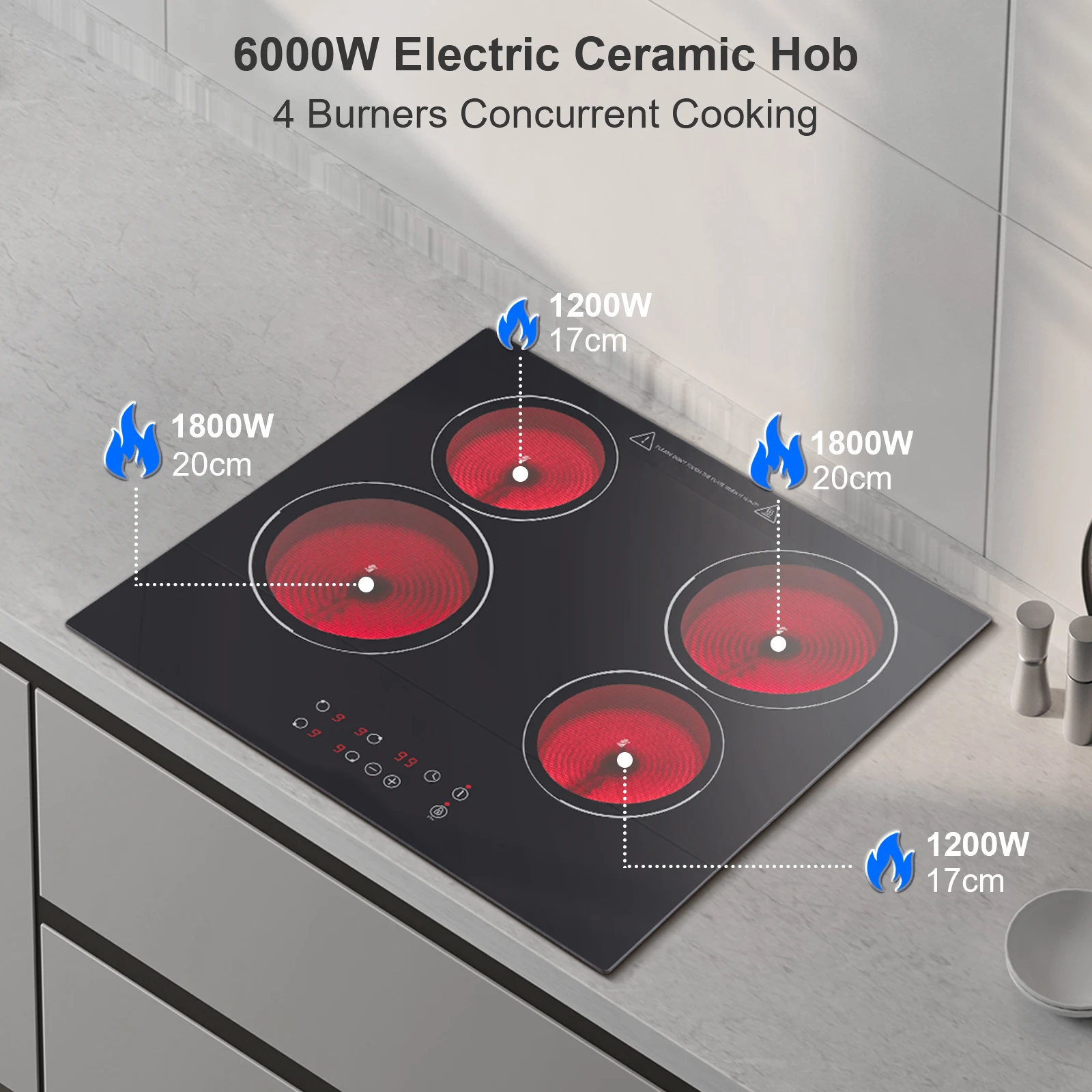 4-Zone Built-in Ceramic Hob 6000W 60cm Touch Control 9 Levels All Pots Compatible 1-99min Timer Residual heat alarm Child lock #2