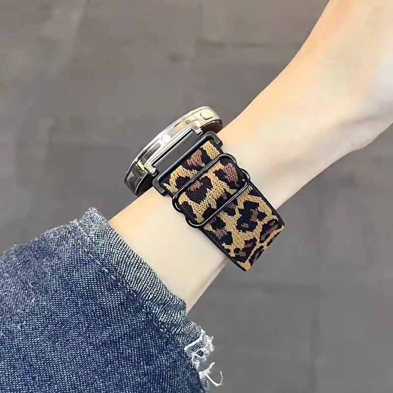 Stretch Nylon Leopard Strap for Samsung Galaxy Watch 7 6 5 4 40-44mm Band Gear S3 ClassicAdjustable for Amazfit Bip6/Bip5