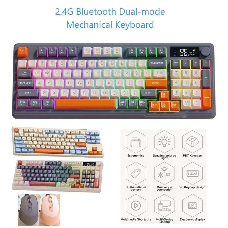 

Wireless 2.4G Bluetooth Dual-Mode Mechanical Keyboard with Electronic Screen & Knob Gaming Keyboard Mouse Set Ergonomics Gaming