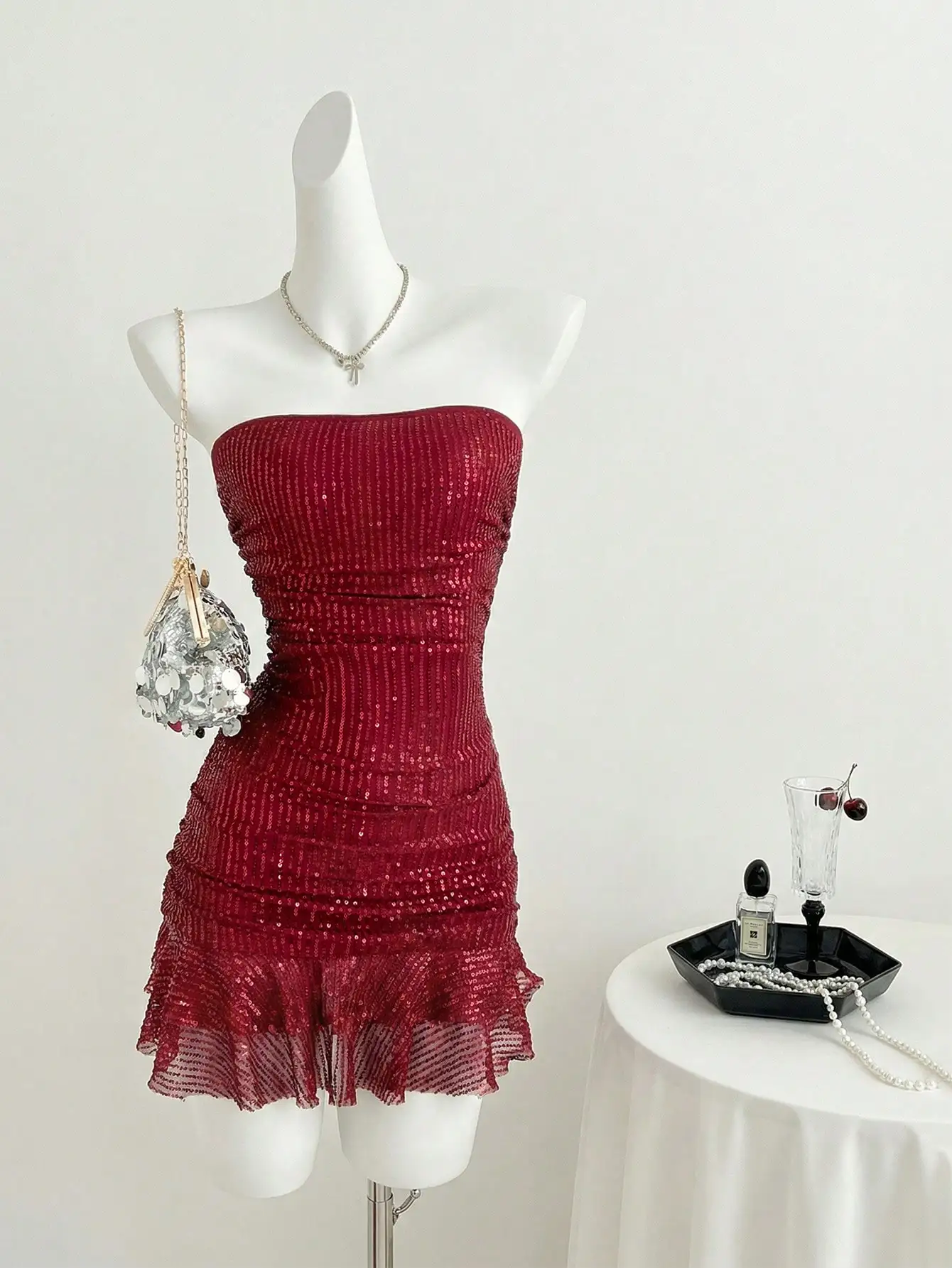 

Red Sequin Strapless Ruched Mini Dress with Flounce Hem