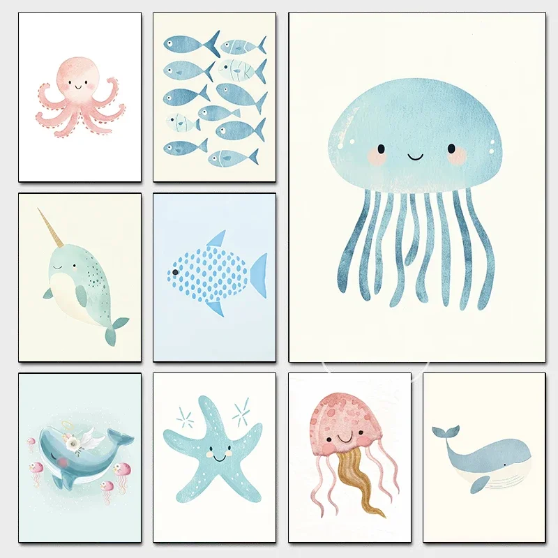 1pc frameless Canvas Painting Cute Ocean Animals Watercolor Poster Minimalism Beach Octopus Whale Prints Canvas Painting Wall