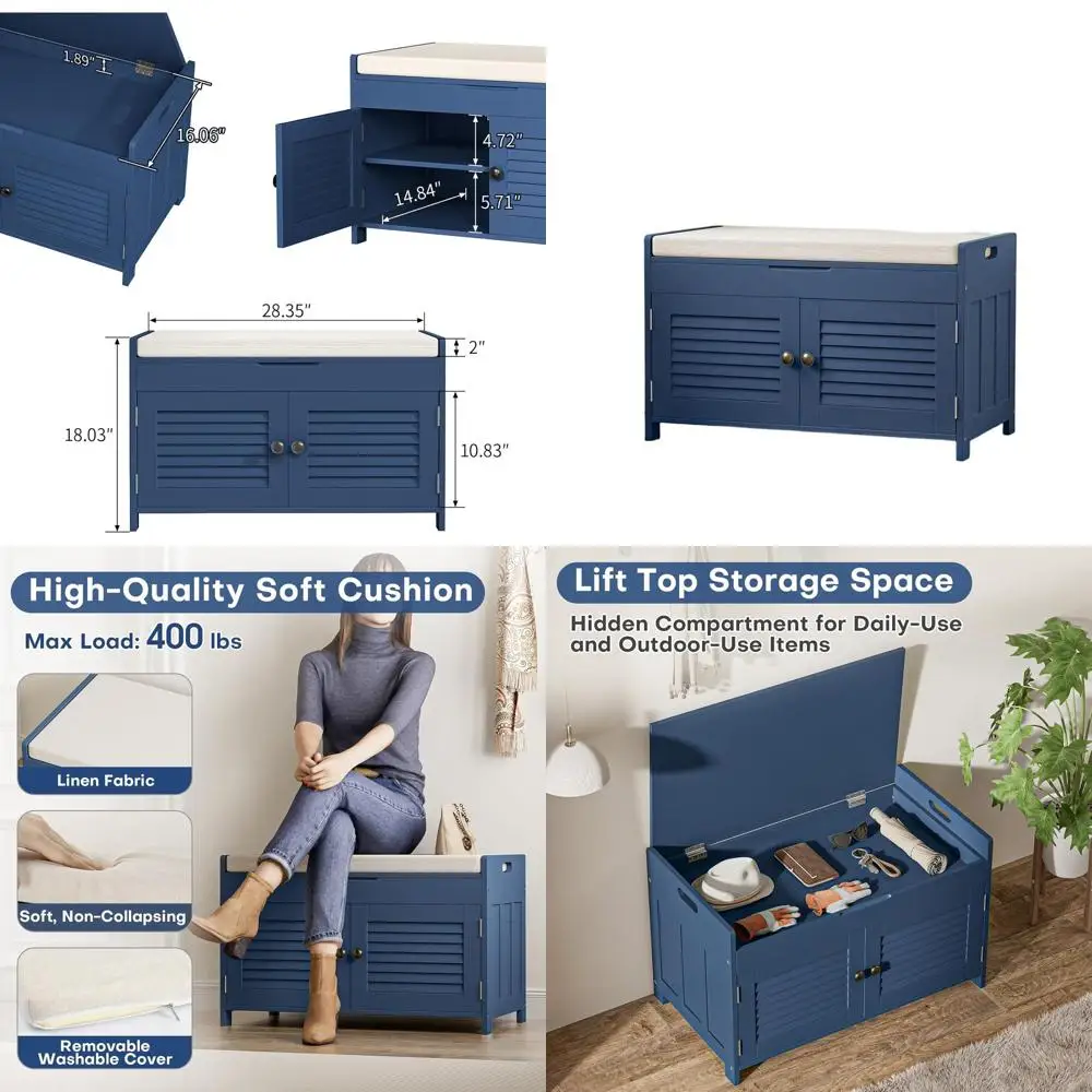 Blue 2-Tier Door Shoe Rack with Cushioned Seat and Lift Top Storage for Entryway, Bedroom, Hallway, and Mudroom