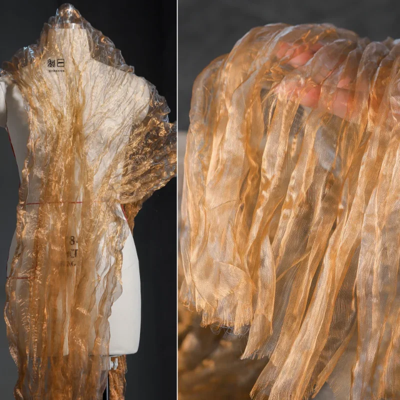 

Golden Blue Grey Single Twist Irregular Crushed Organza Fabric Wedding Dress Fashion Designer Sewing Material Wholesale Cloth