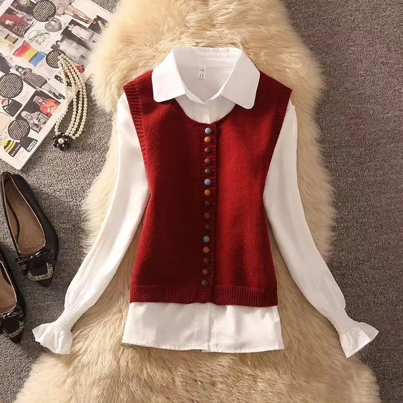 Korean version of new autumn college style outfit, reduced age knitted vest, solid color long sleeved shirt, women's two-piece s