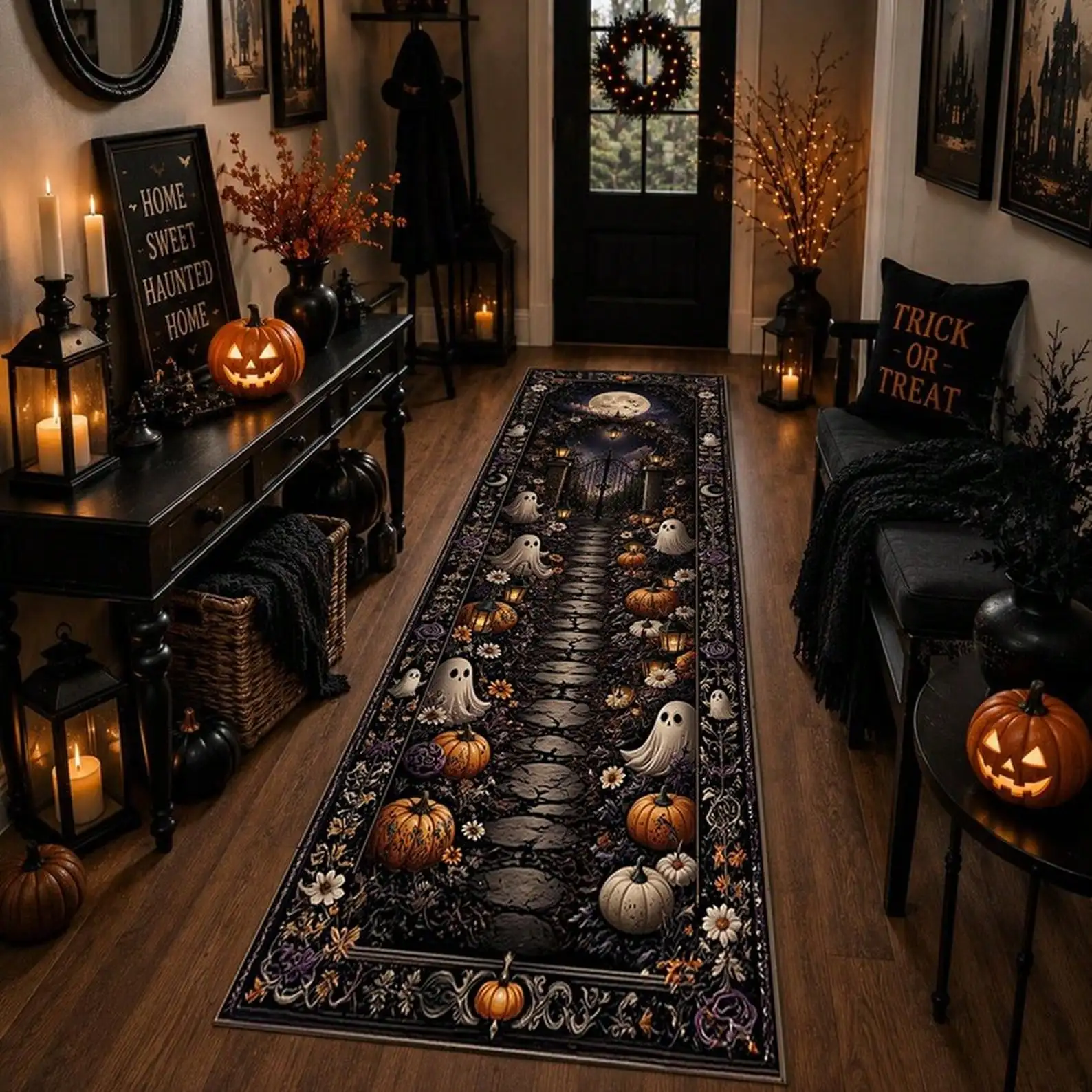 Halloween Ghost Long Floor Mat Tech Cloth Anti Slip Washable Entry Long Strip Mat Castle Moon Pumpkin Ghost Path Layered Border Print Corridor Dust Soft Item