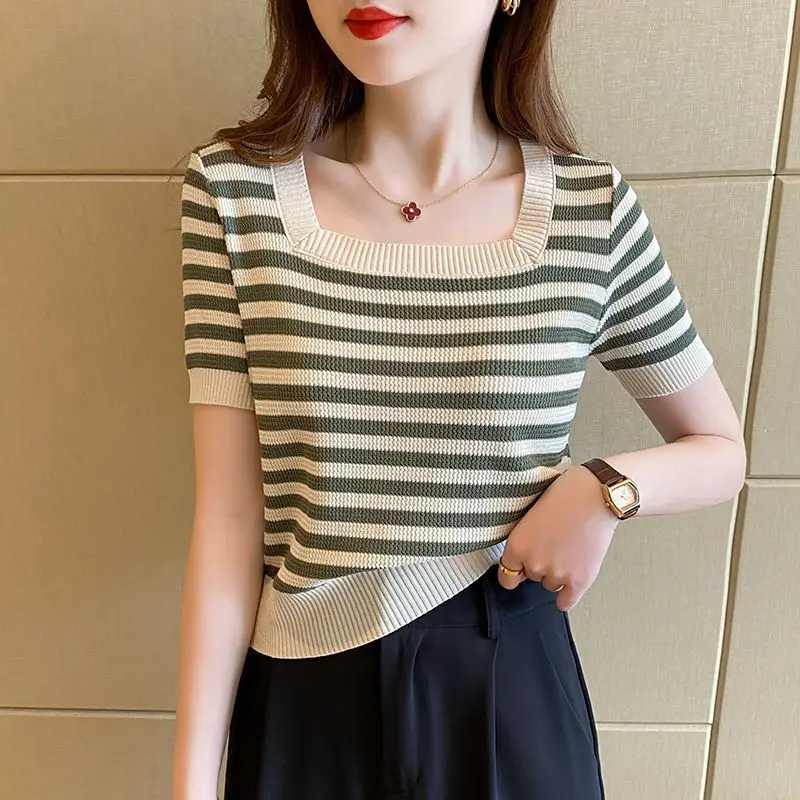 

Vintage Stripe Knitted T-Shirt Women's Spring Summer Fashion All-matched O- Neck Short Sleeve Slim Short Shirt Top Pullover Q714