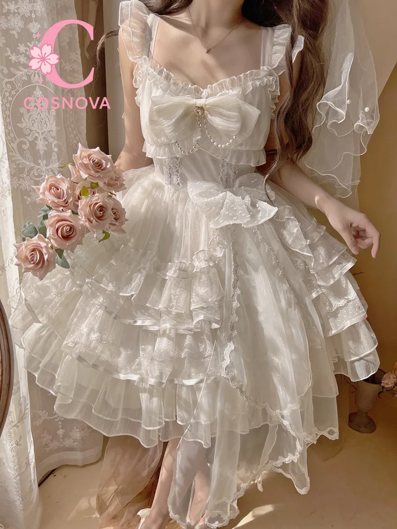 Clássico lolita casamento jsk vestido feminino elegante marfim renda pérola arco tiras em camadas vestido de tule para cerimônia de festa de chá e eventos