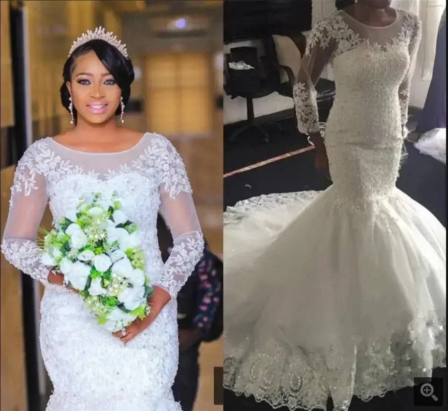 Suknia ślubna syrena w stylu południowoafrykańskim, biała, z koronkowymi aplikacjami z koralikami, długie rękawy, skromna suknia ślubna, czarna.