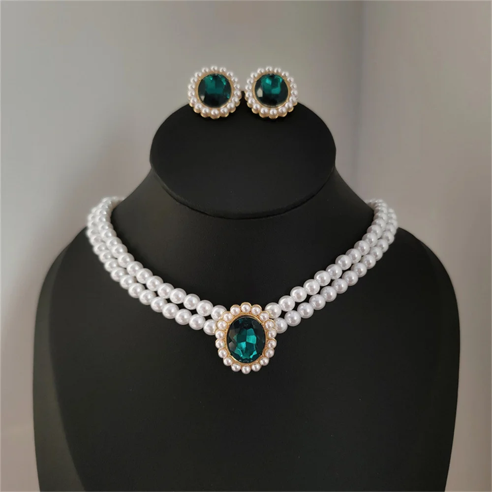 Vintage Double Layer Pearl Necklace Emerald Pearl Earrings Choker Women Elegant Clavicle Chain Banquet Party Fashion Accessories