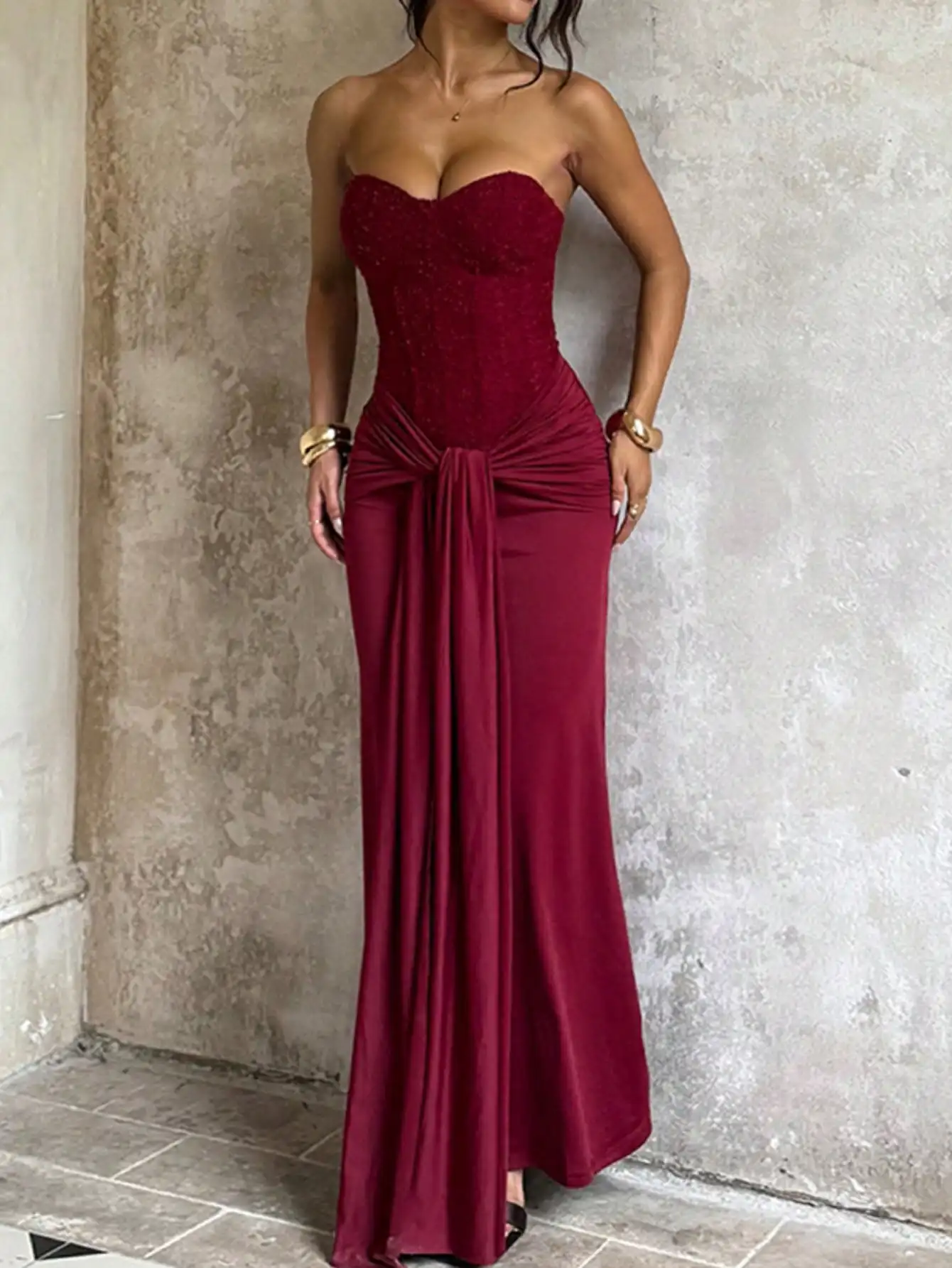 

Burgundy Strapless Knit Gown with Front Knot Detail, Elegant Evening Dress