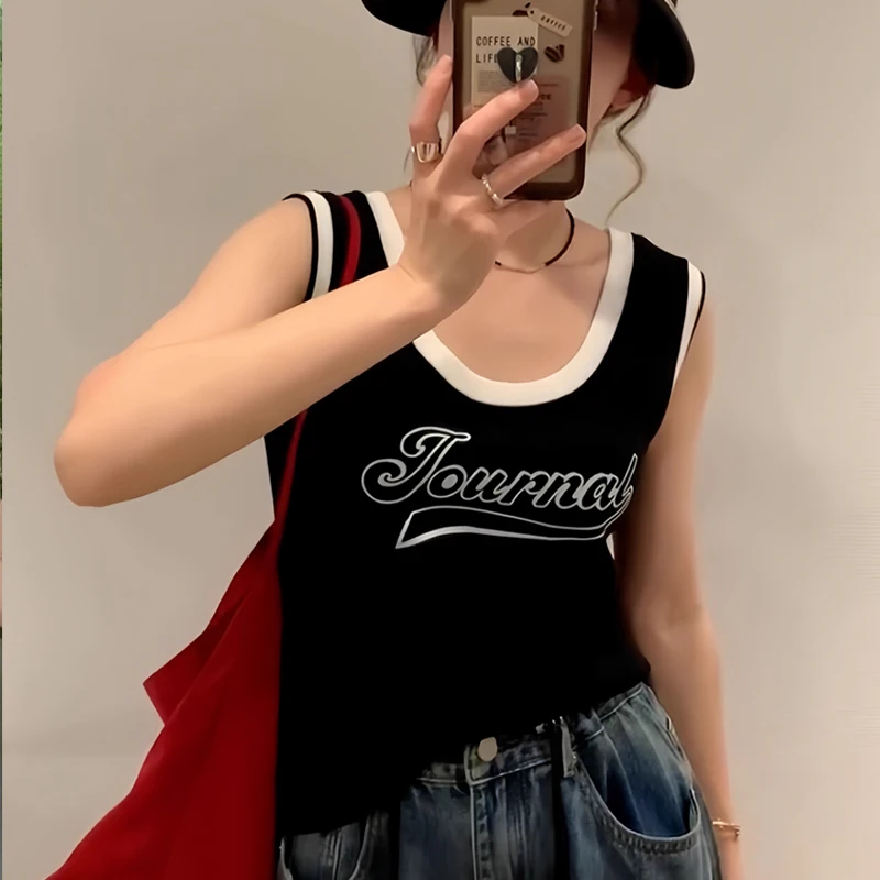 Women Summer Back Hollow Vest Sleeveless Letter Printed Round Neck Casual Tops