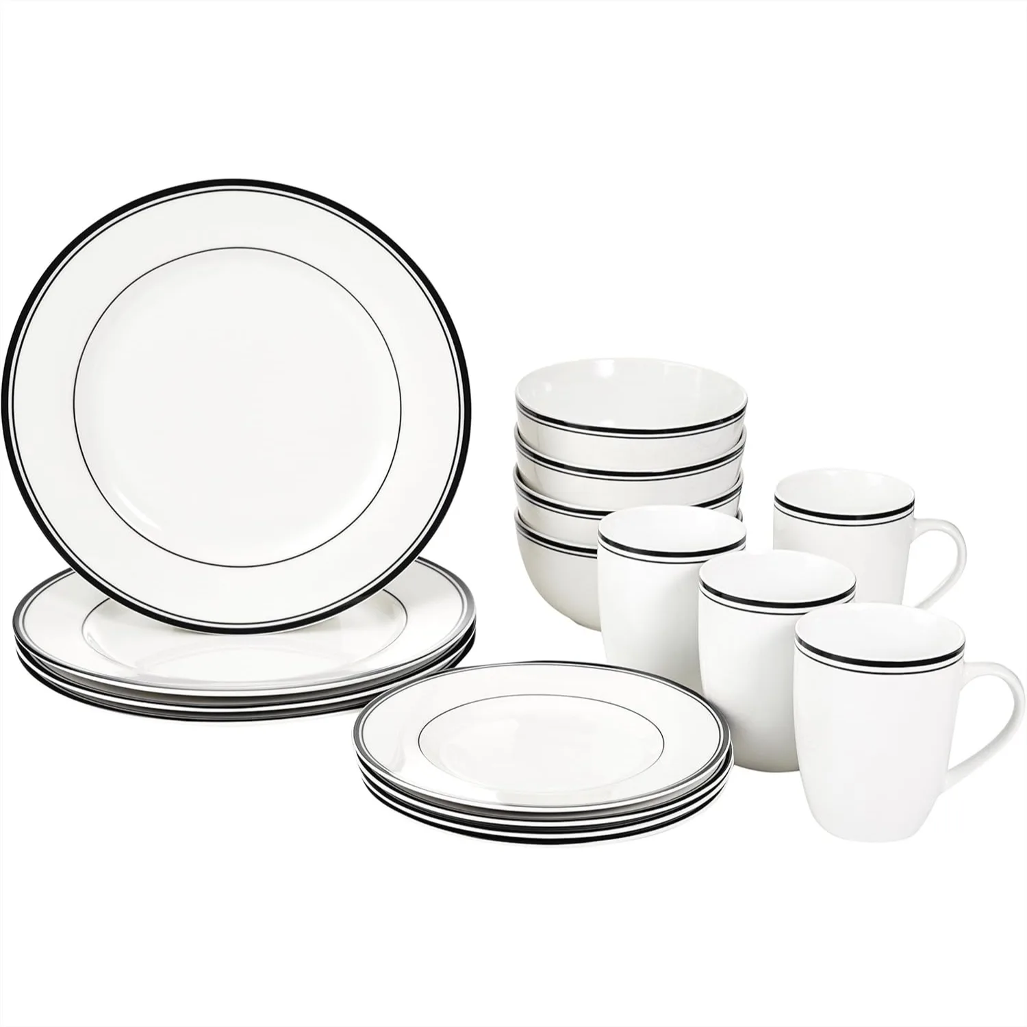 

16-Piece Porcelain Dinnerware Set, Microwave & Dishwasher Safe Plates Bowls Mugs for 4, Black Trim