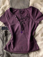 HOUZHOU Harajuku Sexy T-Shirts Women Gothic Vintage Y2k Purple V-neck Tops Summer Retro Grunge Slim Up Solid T-Shirt Streetwear