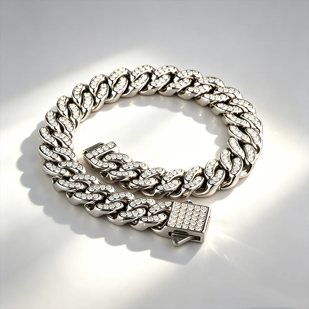 High quality 6-8mm stainless steel full diamond multi specification Cuban chain waterproof men's and women's bracelet