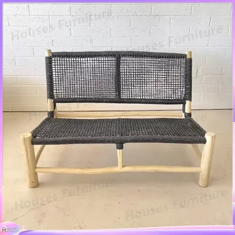 Rustic Rattan Teak Dining Chair 2 Seater Outdoor Furniture Black Conical Legs Natural Teak Branches Patio Garden Bench
