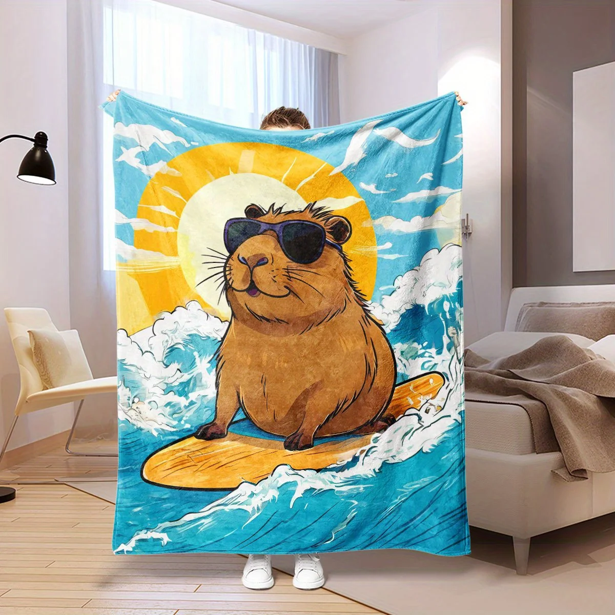 Capybara Surfing Sunset Beach Blanket - Soft Flannel, Vibrant Design, All-Season for Bed, Sofa, Travel, Home Decor
