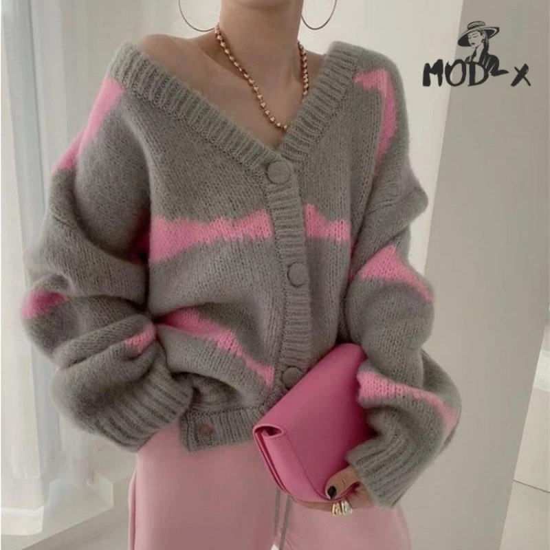 

MODX Striped Cardigan Sweater Coat For Women 2024 Loose And Lazy Style Pure Desire To Wear A Matching Color V-neck Cardigan Hot