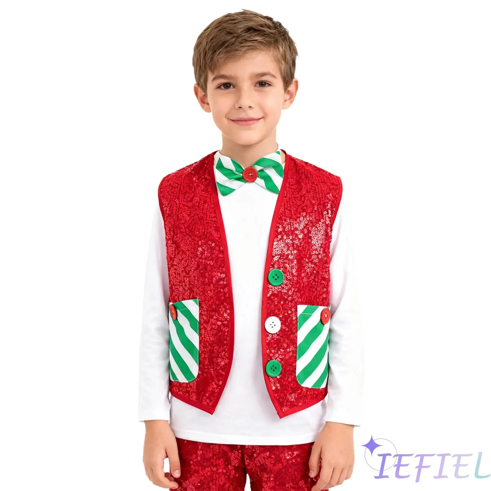 

Kids Boys Christmas Dance Jacket Santa Elf Sleeveless Pockets Vest Waistcoat with A Bow Tie Set Xmas Latin Jazz Disco Dance Wear