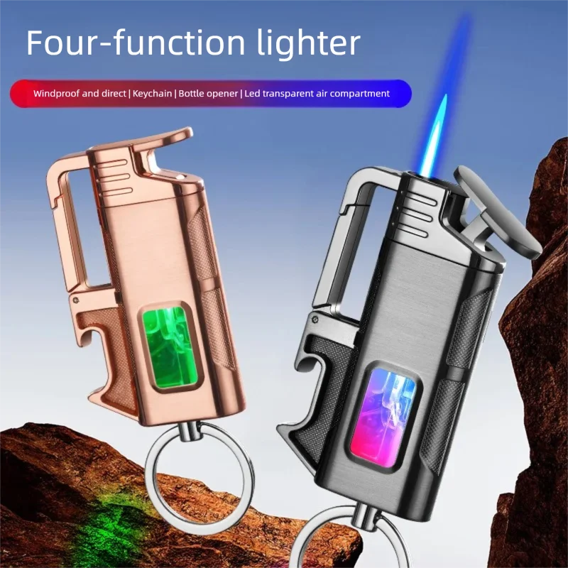 Direct Blue Flame Windproof Metal Gift for Men's Fashion, Black Technology Luminous Transparent Gas Chamber Lighter