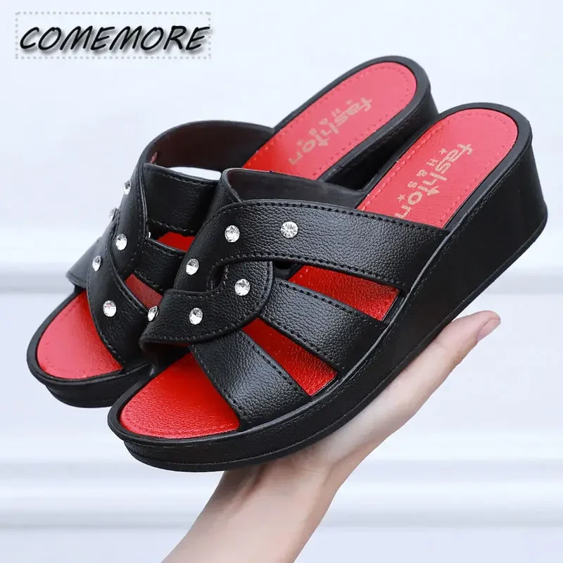 Women\'s High Heel Slippers Summer Wear Thick Bottom Fashion Home Non-Slip Mother Shoes Soft Bottom Black Wedge Women Sandals PU