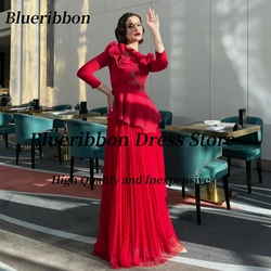 Blueribbon Red Saudi Arabia Women Wear A Line Evening Dresses with Flower Beaded Long Sleeves Prom Dress Zipper Back Vestidos De