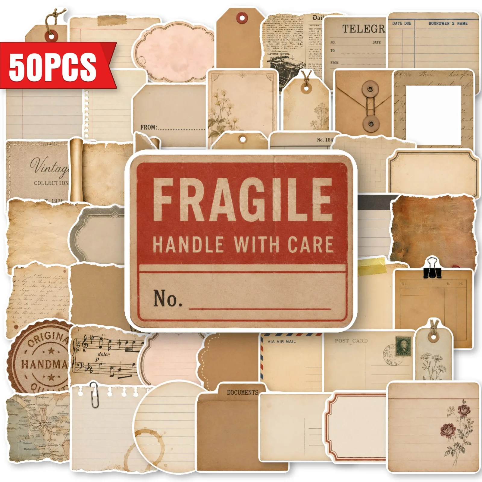 50 PCS Retro Ticket Label Exquisite Graffiti Stickers Pack Decorate Storage Box Diary Scrapbook Non Repeated Stationery Decals