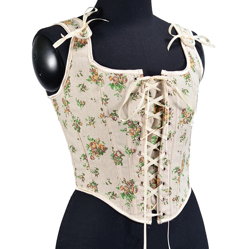 Women Straps Overbust Bustier Vest French Style Yellow Rose Print Lace Up Corset Top Crop