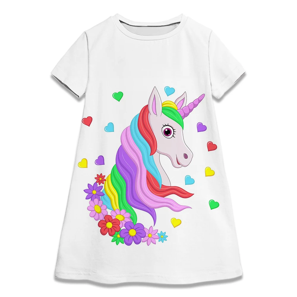 Summer Girl White Short Sleeve Princess Dress Short Sleeve Kids Unicorn Party Baby Dresses Children Clothing 2-8Y Birthday Gifts