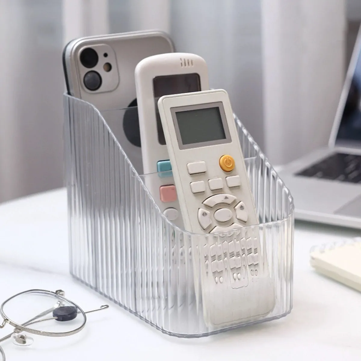 1pc Transparent Desktop Storage Box for Home Use, with Compartments, Remote Control, Makeup Brush Organizer