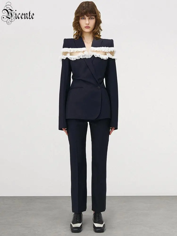 

Женский костюм VC: элегантный прозрачный блейзер с рюшами и брюки, темно-синий, для вечеринок, модный комплект с длинным рукавом