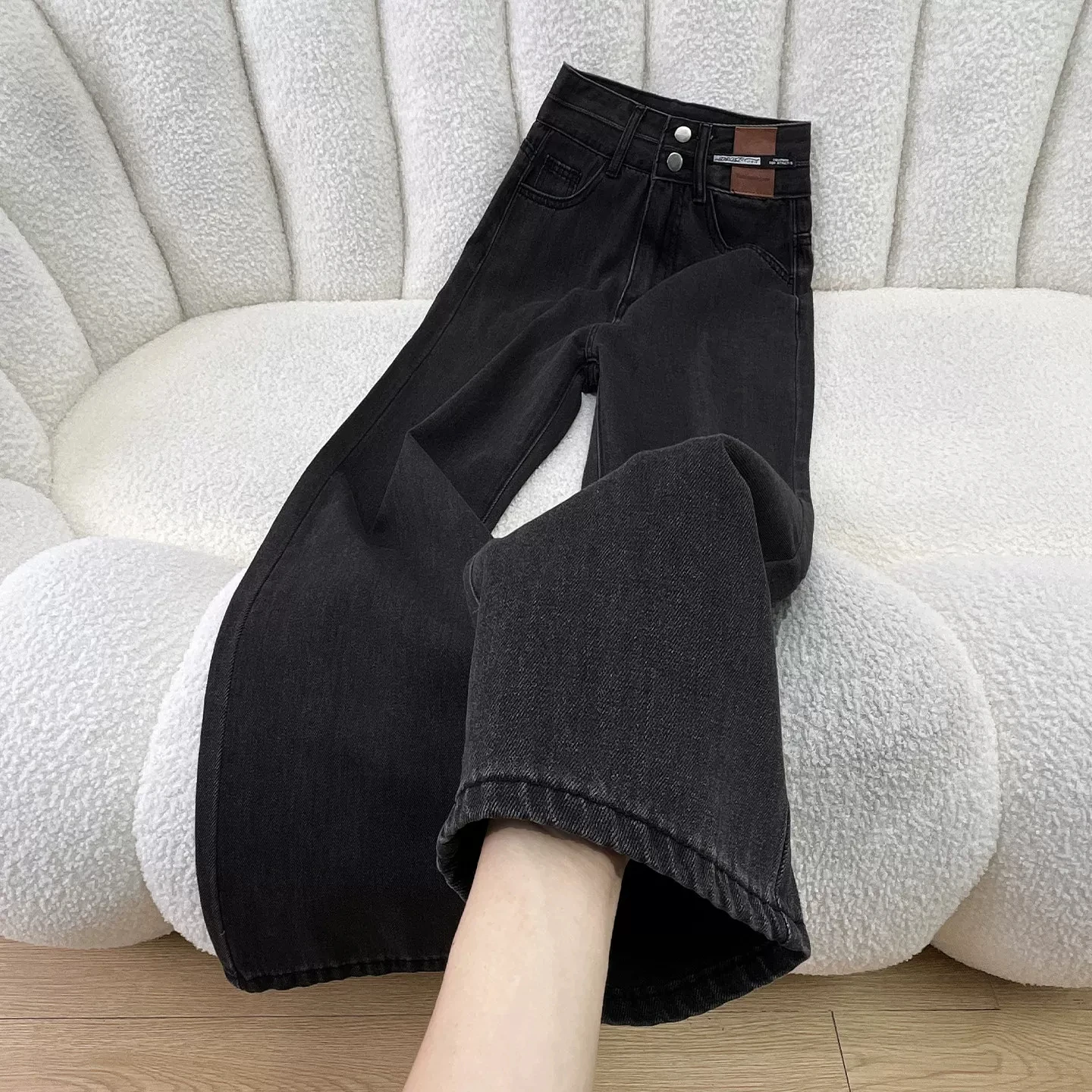 High Waist Wide Leg Denim Jeans Women's Double Buckle Black Grey Loose Straight Cut Trousers Autumn New Style Comfortable Fit