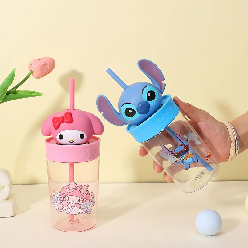 Hello Kitty Straw Cup Anime Cartoon Stitch Kuromi Melody Big Head Coffee Cold Mug Cute Travel Outdoor Water Drinking Cup Gifts