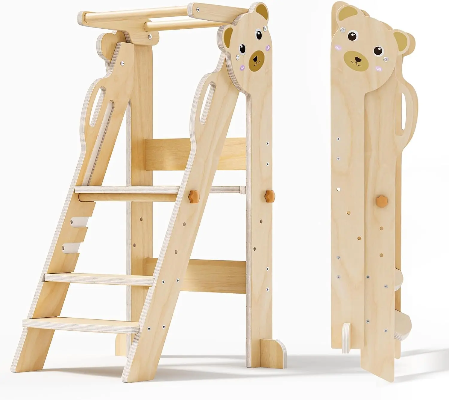 Torre de aprendizaje plegable, 2 escalones, escalón para niños de altura ajustable, torre multiusos para niños fácil de montar (color madera