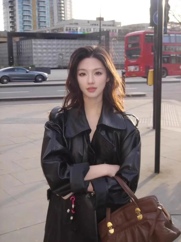 

Sli Bla PU Leather Jaet Women's Spring Autumn New Cool Street Sle Medium Length Windbreaker Korean Loose Fit Long S...