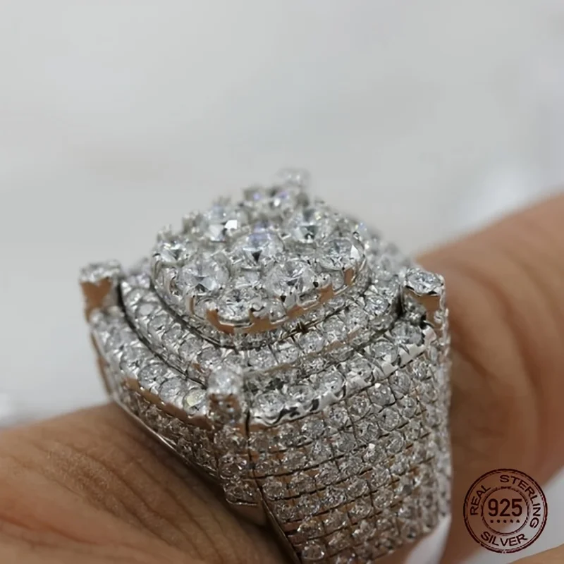 3Ct الرجال 925 فضة العنقودية خاتم الخطوبة الفاخرة البلاتين مطلي ساحة الجليدية خارج الهيب هوب روك خواتم مجوهرات #6