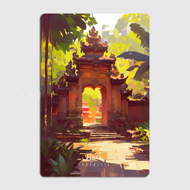 Bali Temple Gateway Travel Retro Scenic Spot Metal Poster Sign Club Wall Art Plaque Tin Sign Room Decoration Home Decor